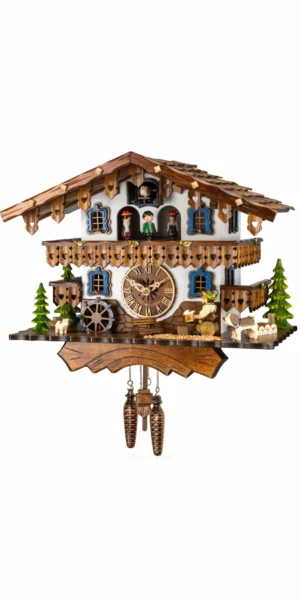 นาฬิกากุ๊กกูเยอรมัน Black Forest Germany ระบบ Quartz พร้อมเสียงดนตรี บ้านไม้สไตล์ Black Forest คนดื่มเบียร์เคลื่อนไหว กังหันน้ำหมุนได้ รหัสสินค้า 0276