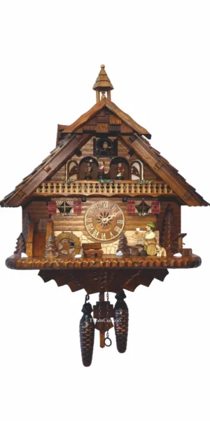 นาฬิกากุ๊กกูเยอรมัน Black Forest Germany ระบบ Quartz พร้อมเสียงดนตรี บ้านไม้สไตล์ Black Forest คนดื่มเบียร์เคลื่อนไหว กังหันน้ำหมุนได้ รหัสสินค้า 0285
