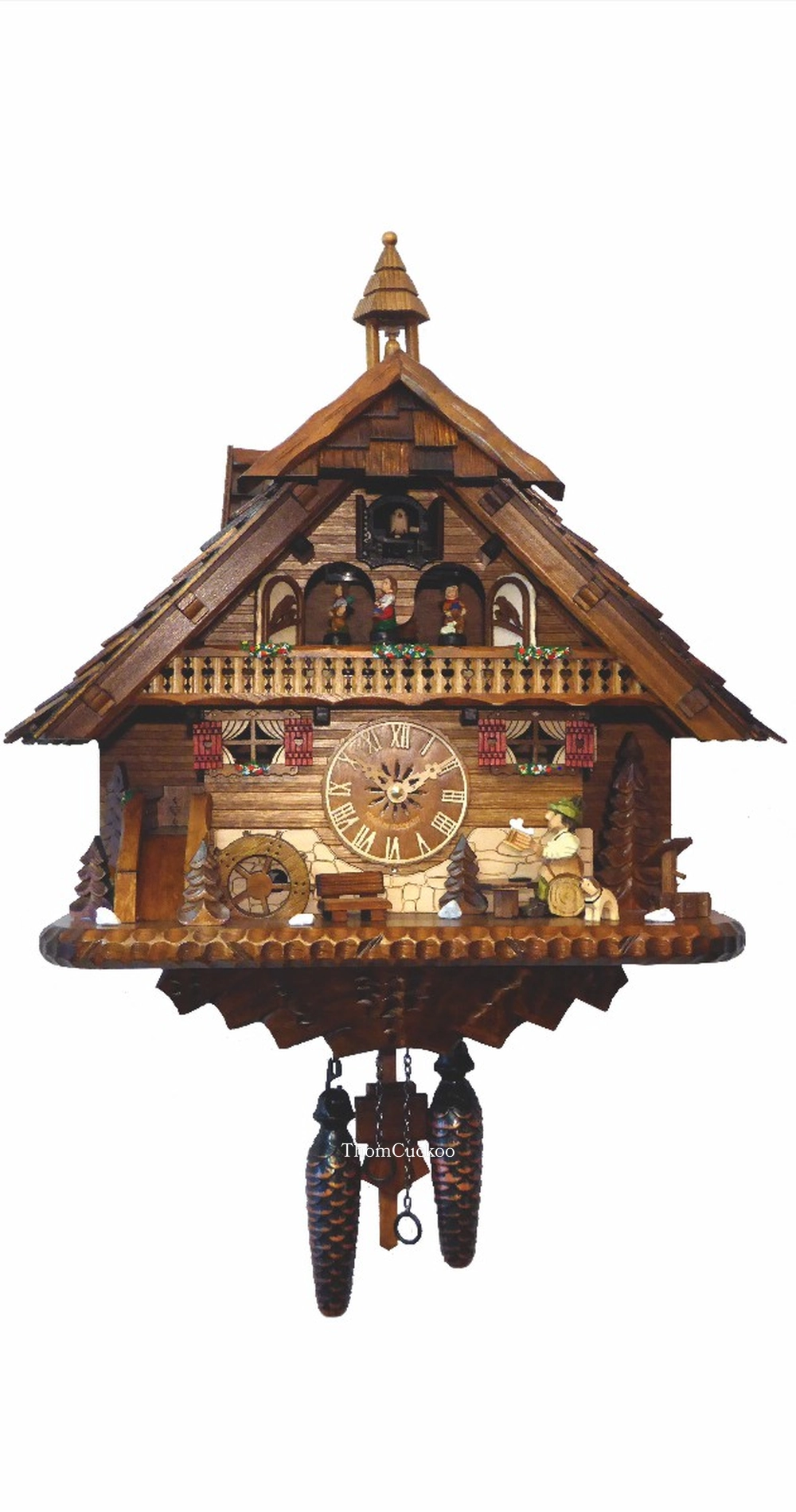 นาฬิกากุ๊กกูเยอรมัน Black Forest Germany ระบบ Quartz พร้อมเสียงดนตรี บ้านไม้สไตล์ Black Forest คนดื่มเบียร์เคลื่อนไหว กังหันน้ำหมุนได้ รหัสสินค้า 0285