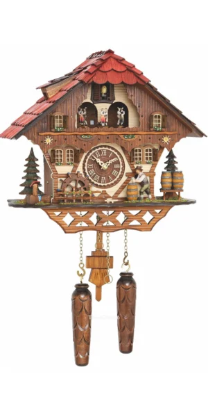 นาฬิกากุ๊กกูเยอรมัน Black Forest Germany ระบบ Quartz พร้อมเสียงดนตรี บ้านไม้สไตล์ Black Forest คนดื่มเบียร์เคลื่อนไหว กังหันน้ำหมุนได้ รหัสสินค้า 0290