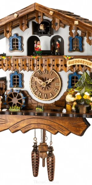 นาฬิกากุ๊กกูเยอรมัน Black Forest Germany ระบบ Quartz พร้อมเสียงดนตรี บ้านไม้สไตล์ Black Forest คนดื่มเบียร์คู่เคลื่อนไหว กังหันน้ำหมุนได้ รหัสสินค้า 0301