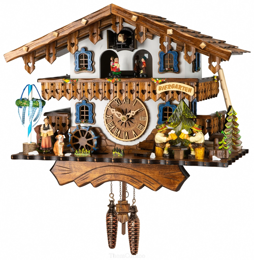 นาฬิกากุ๊กกูเยอรมัน Black Forest Germany ระบบ Quartz พร้อมเสียงดนตรี บ้านไม้สไตล์ Black Forest คนดื่มเบียร์คู่เคลื่อนไหว กังหันน้ำหมุนได้ รหัสสินค้า 0301