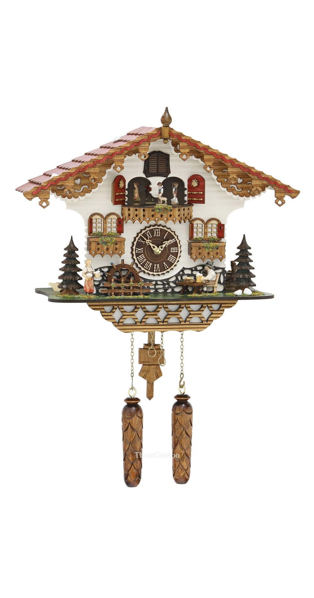 นาฬิกากุ๊กกูเยอรมัน Black Forest Germany ระบบ Quartz พร้อมเสียงดนตรี บ้านไม้สไตล์ Black Forest คนดื่มเบียร์เคลื่อนไหว กังหันน้ำหมุนได้ รหัสสินค้า 0303