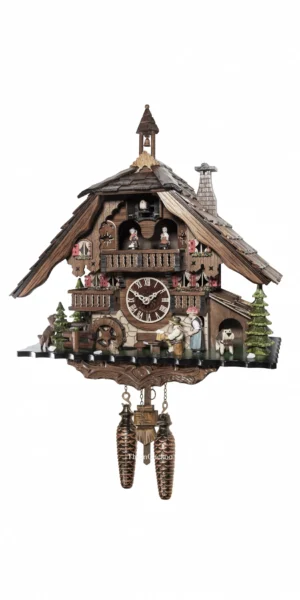 นาฬิกากุ๊กกูเยอรมัน Black Forest Germany ระบบ Quartz พร้อมเสียงดนตรี บ้านไม้สไตล์ Black Forest คนดื่มเบียร์เคลื่อนไหว กังหันน้ำหมุนได้ ตุ๊กตาเต้นระบำ รหัสสินค้า 0310