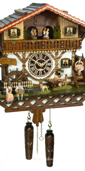 นาฬิกากุ๊กกูเยอรมัน Black Forest Germany ระบบ Quartz พร้อมเสียงดนตรี บ้านไม้สไตล์ Black Forest คนดื่มเบียร์เคลื่อนไหว กังหันน้ำหมุนได้ ตุ๊กตาเต้นระบำ รหัสสินค้า 0326