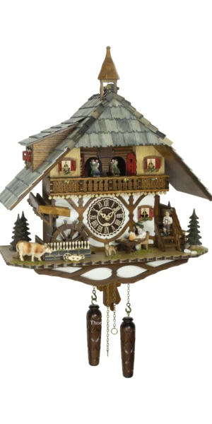 นาฬิกากุ๊กกูเยอรมัน Black Forest Germany ระบบ Quartz พร้อมเสียงดนตรี บ้านไม้สไตล์ Black Forest คนดื่มเบียร์เคลื่อนไหว กังหันน้ำหมุนได้ รหัสสินค้า 0328