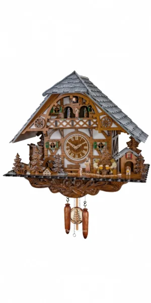 นาฬิกากุ๊กกูเยอรมัน Black Forest Germany ระบบ Quartz พร้อมเสียงดนตรี บ้านไม้สไตล์ Black Forest คนดื่มเบียร์คู่เคลื่อนไหว กังหันน้ำหมุนได้ รหัสสินค้า 0337