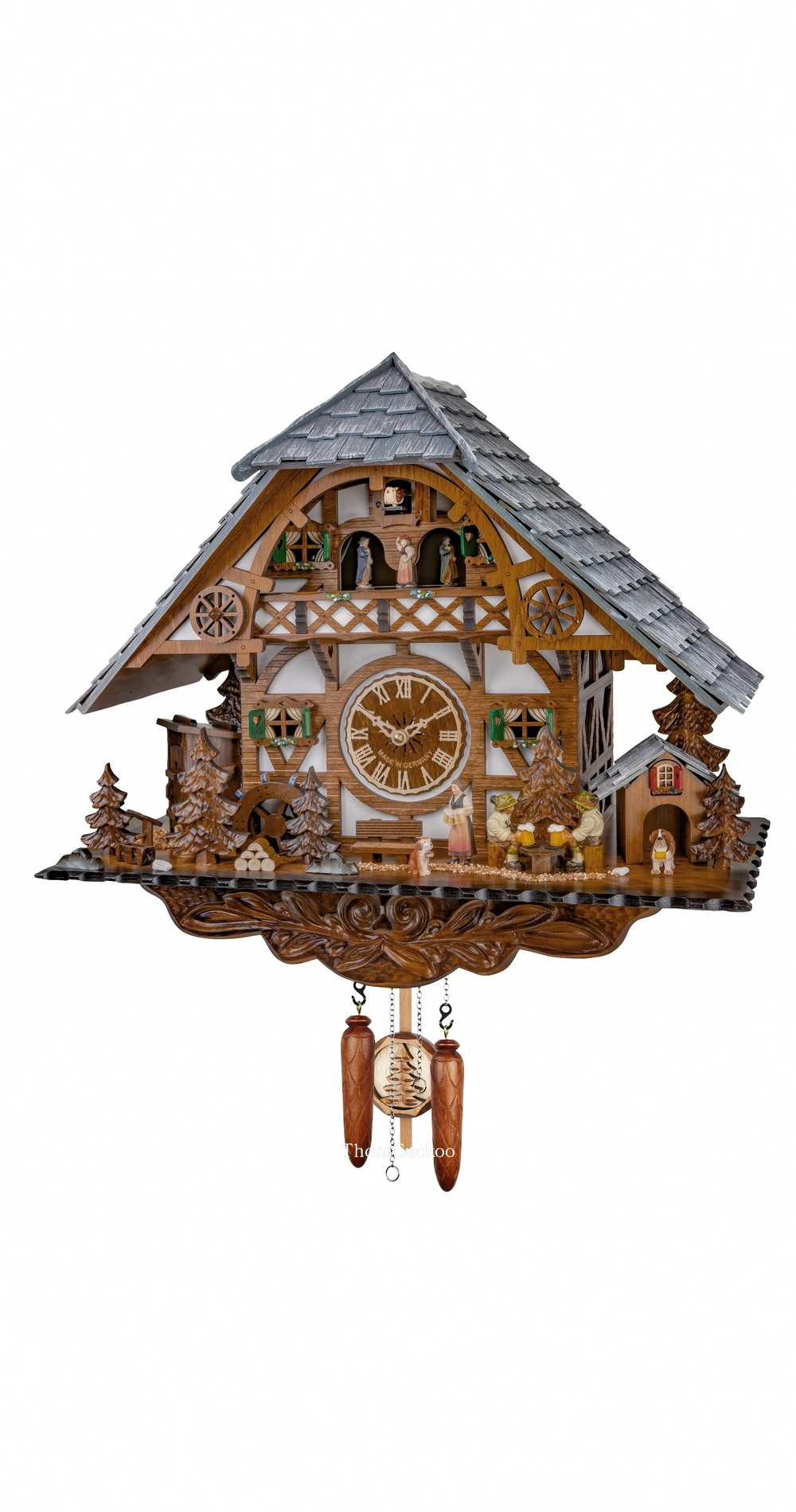 นาฬิกากุ๊กกูเยอรมัน Black Forest Germany ระบบ Quartz พร้อมเสียงดนตรี บ้านไม้สไตล์ Black Forest คนดื่มเบียร์คู่เคลื่อนไหว กังหันน้ำหมุนได้ รหัสสินค้า 0337