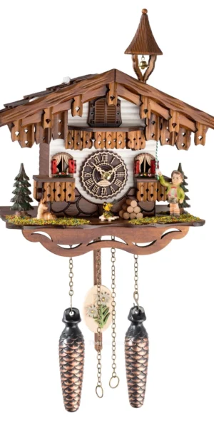 นาฬิกากุ๊กกูเยอรมัน Black Forest Germany ระบบ Quartz พร้อมเสียงดนตรี บ้านไม้สไตล์ Black Forest คนตีระฆังเคลื่อนไหว รหัสสินค้า 0166