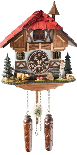 นาฬิกากุ๊กกูเยอรมัน Black Forest Germany ระบบ Quartz พร้อมเสียงดนตรี บ้านไม้สไตล์ Black Forest คนตีระฆังเคลื่อนไหว รหัสสินค้า 0212