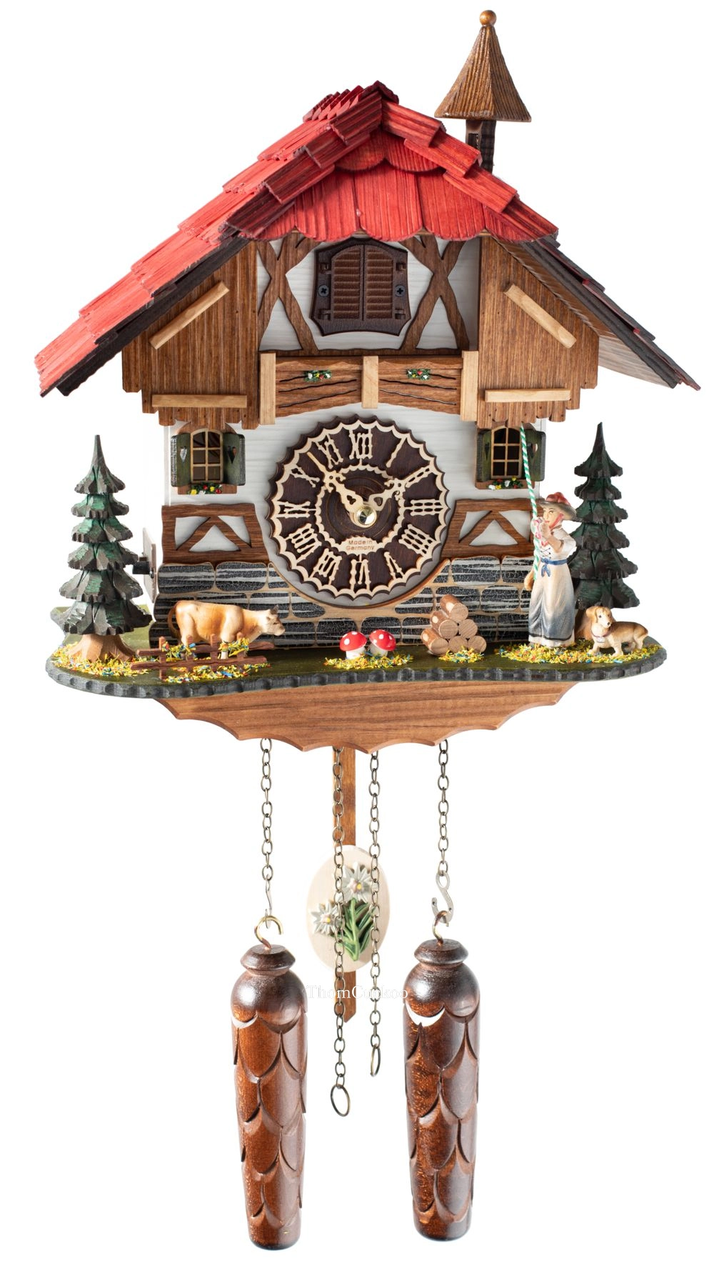 นาฬิกากุ๊กกูเยอรมัน Black Forest Germany ระบบ Quartz พร้อมเสียงดนตรี บ้านไม้สไตล์ Black Forest คนตีระฆังเคลื่อนไหว รหัสสินค้า 0212