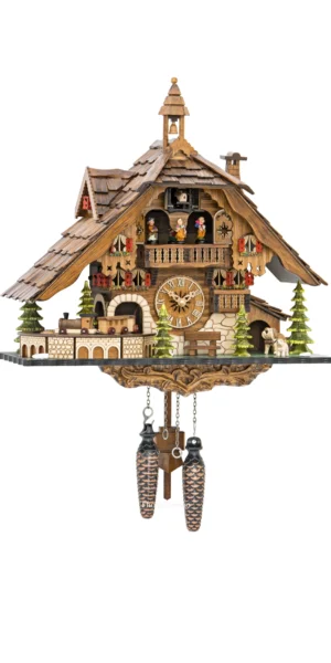 นาฬิกากุ๊กกูเยอรมัน Black Forest Germany ระบบ Quartz พร้อมเสียงดนตรี บ้านไม้สไตล์ Black Forest รถไฟเคลื่อนไหว รหัสสินค้า 0295