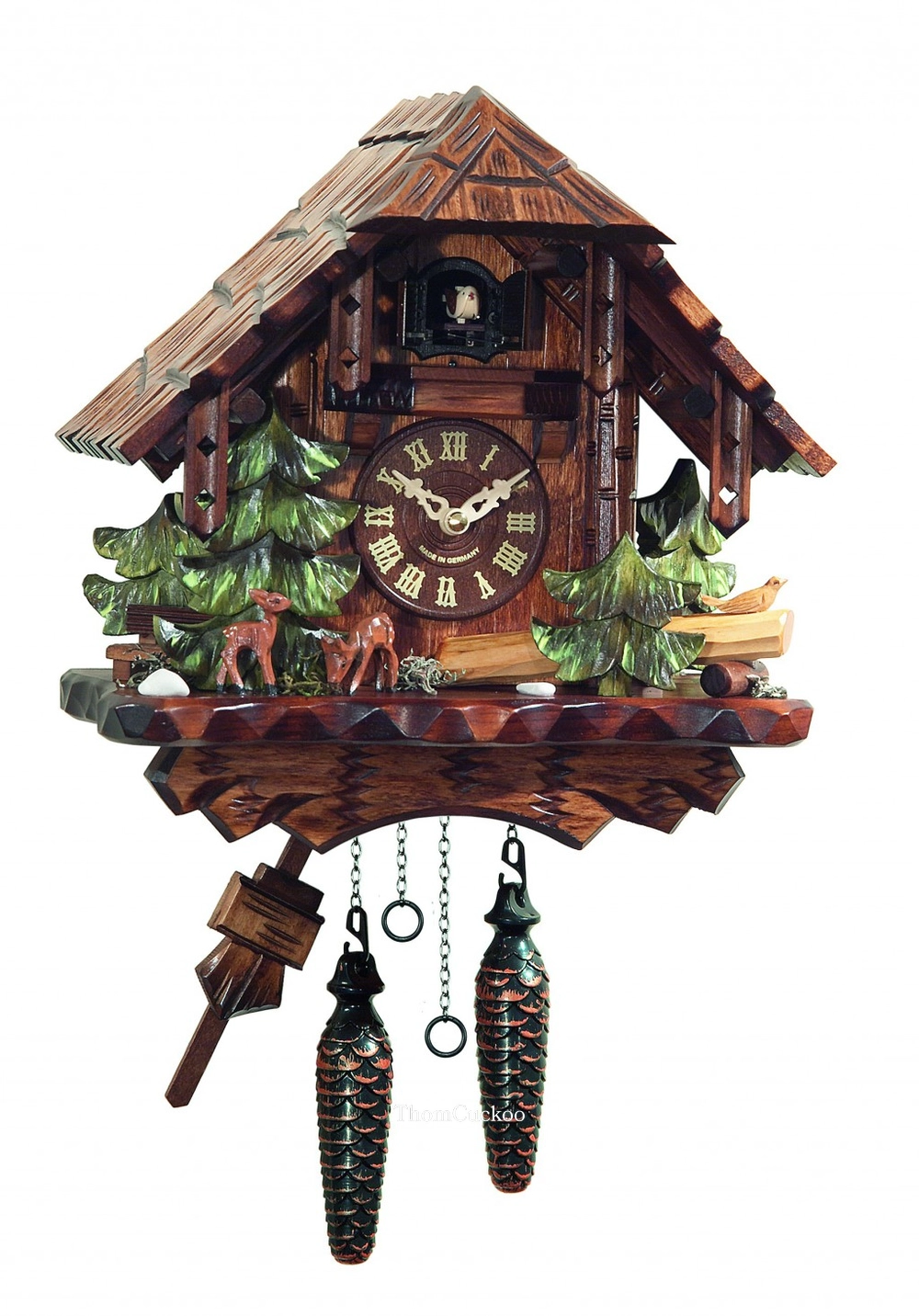 นาฬิกากุ๊กกูเยอรมัน Black Forest Germany ระบบ Quartz พร้อมเสียงดนตรี บ้านไม้สไตล์ Black Forest คนตัดไม้เคลื่อนไหว รหัสสินค้า 0174