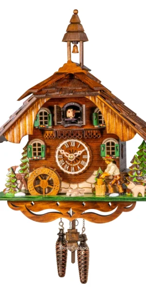 นาฬิกากุ๊กกูเยอรมัน Black Forest Germany ระบบ Quartz พร้อมเสียงดนตรี บ้านไม้สไตล์ Black Forest คนตัดไม้เคลื่อนไหว กังหันน้ำหมุนได้ รหัสสินค้า 0189