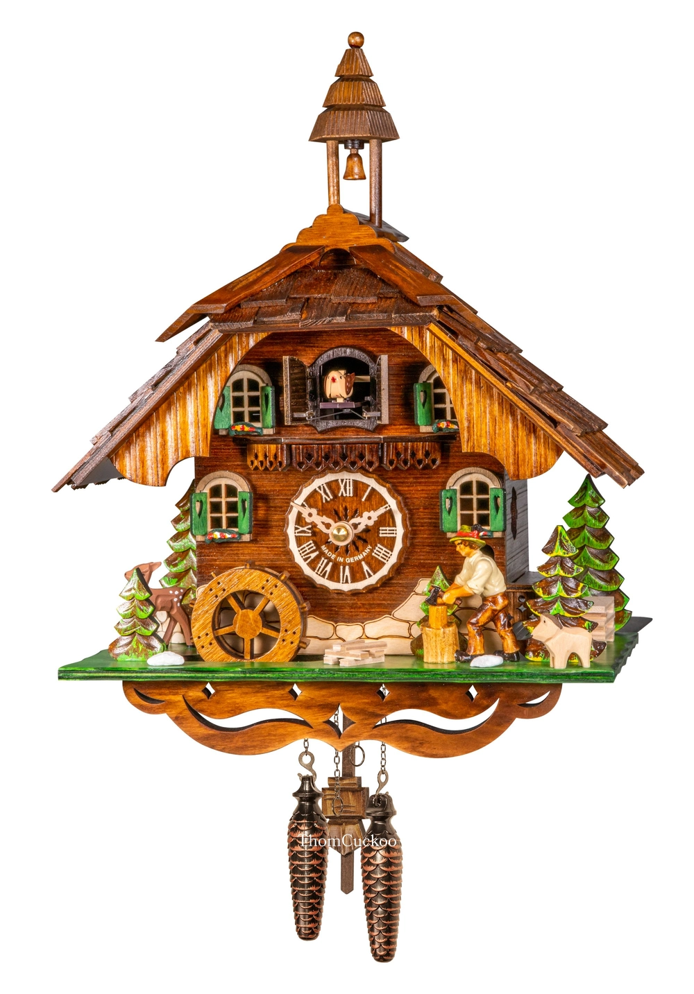 นาฬิกากุ๊กกูเยอรมัน Black Forest Germany ระบบ Quartz พร้อมเสียงดนตรี บ้านไม้สไตล์ Black Forest คนตัดไม้เคลื่อนไหว กังหันน้ำหมุนได้ รหัสสินค้า 0189