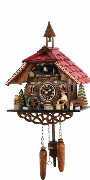 นาฬิกากุ๊กกูเยอรมัน Black Forest Germany ระบบ Quartz พร้อมเสียงดนตรี บ้านไม้สไตล์ Black Forest คนตัดไม้เคลื่อนไหว กังหันน้ำหมุนได้ รหัสสินค้า 0206