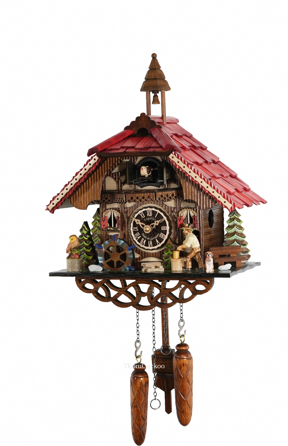 นาฬิกากุ๊กกูเยอรมัน Black Forest Germany ระบบ Quartz พร้อมเสียงดนตรี บ้านไม้สไตล์ Black Forest คนตัดไม้เคลื่อนไหว กังหันน้ำหมุนได้ รหัสสินค้า 0206