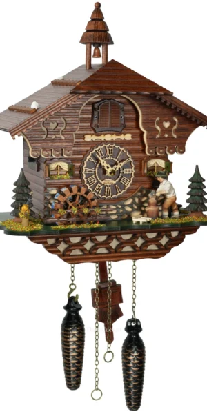นาฬิกากุ๊กกูเยอรมัน Black Forest Germany ระบบ Quartz พร้อมเสียงดนตรี บ้านไม้สไตล์ Black Forest คนตัดไม้เคลื่อนไหว กังหันน้ำหมุนได้ รหัสสินค้า 0208