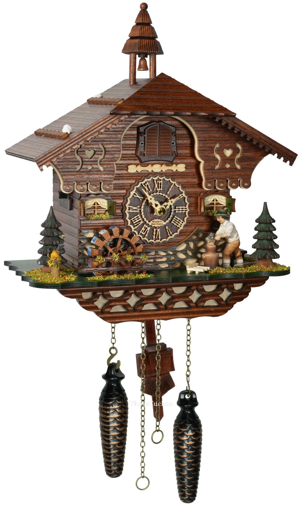 นาฬิกากุ๊กกูเยอรมัน Black Forest Germany ระบบ Quartz พร้อมเสียงดนตรี บ้านไม้สไตล์ Black Forest คนตัดไม้เคลื่อนไหว กังหันน้ำหมุนได้ รหัสสินค้า 0208