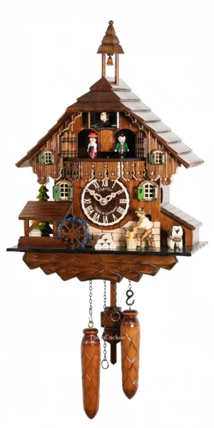 นาฬิกากุ๊กกูเยอรมัน Black Forest Germany ระบบ Quartz พร้อมเสียงดนตรี บ้านไม้สไตล์ Black Forest คนตัดไม้เคลื่อนไหว กังหันน้ำหมุนได้ รหัสสินค้า 0231
