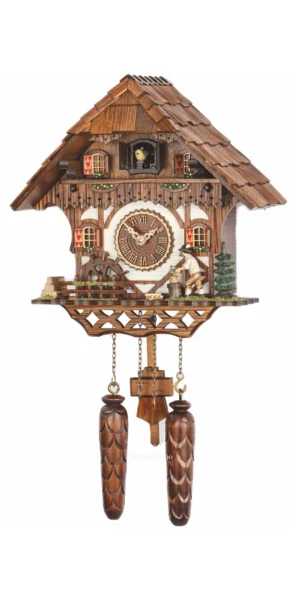 นาฬิกากุ๊กกูเยอรมัน Black Forest Germany ระบบ Quartz พร้อมเสียงดนตรี บ้านไม้สไตล์ Black Forest คนตัดไม้เคลื่อนไหว รหัสสินค้า 0232