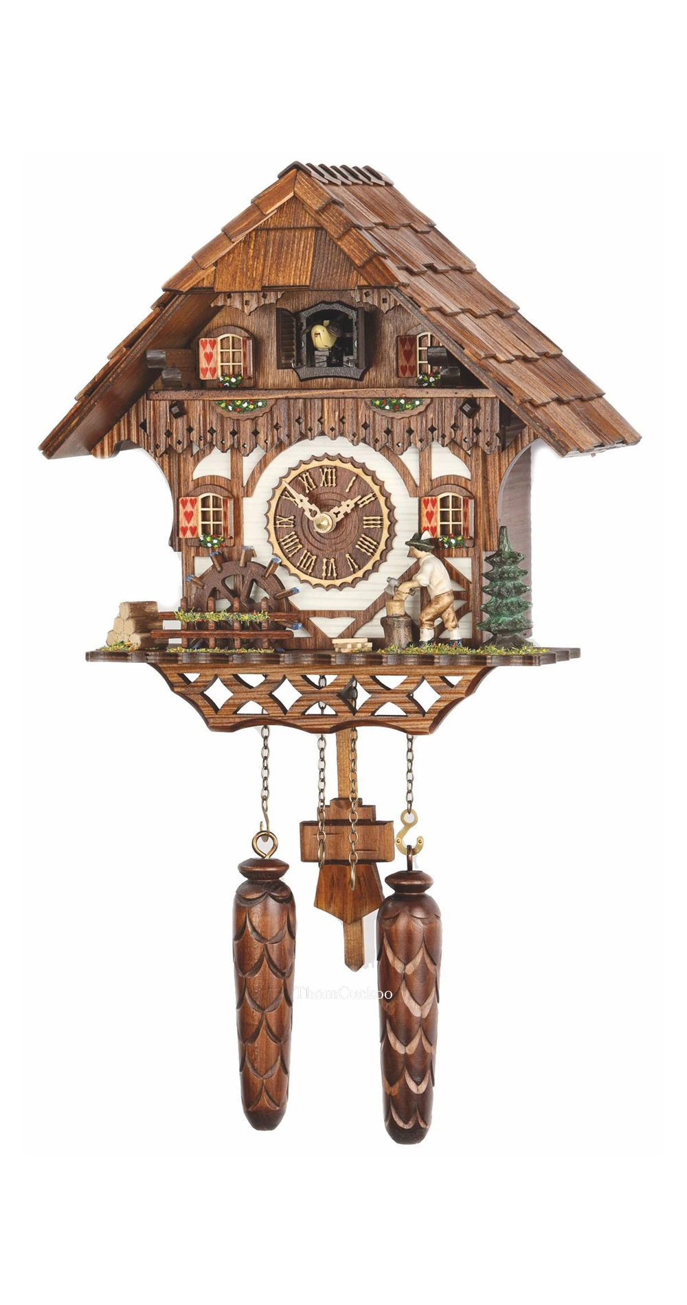 นาฬิกากุ๊กกูเยอรมัน Black Forest Germany ระบบ Quartz พร้อมเสียงดนตรี บ้านไม้สไตล์ Black Forest คนตัดไม้เคลื่อนไหว รหัสสินค้า 0232