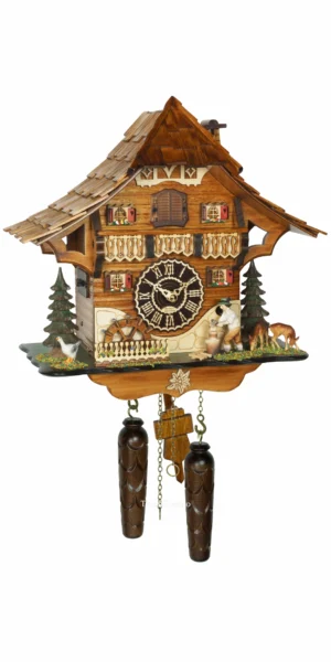 นาฬิกากุ๊กกูเยอรมัน Black Forest Germany ระบบ Quartz พร้อมเสียงดนตรี บ้านไม้สไตล์ Black Forest คนตัดไม้เคลื่อนไหว กังหันน้ำหมุนได้ รหัสสินค้า 0235
