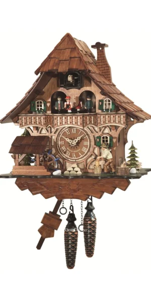 นาฬิกากุ๊กกูเยอรมัน Black Forest Germany ระบบ Quartz พร้อมเสียงดนตรี บ้านไม้สไตล์ Black Forest คนตัดไม้เคลื่อนไหว กังหันน้ำหมุนได้ รหัสสินค้า 0239