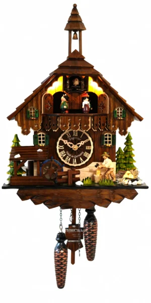 นาฬิกากุ๊กกูเยอรมัน Black Forest Germany ระบบ Quartz พร้อมเสียงดนตรี บ้านไม้สไตล์ Black Forest คนตัดไม้เคลื่อนไหว กังหันน้ำหมุนได้ มีไฟประดับ รหัสสินค้า 0243