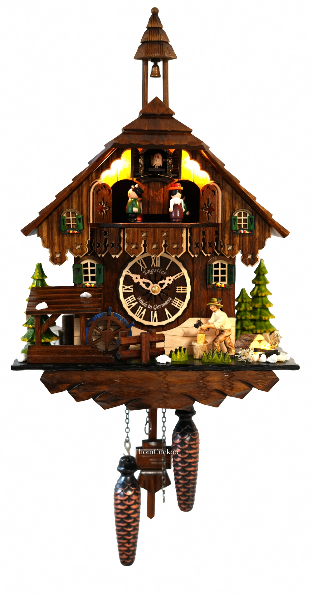 นาฬิกากุ๊กกูเยอรมัน Black Forest Germany ระบบ Quartz พร้อมเสียงดนตรี บ้านไม้สไตล์ Black Forest คนตัดไม้เคลื่อนไหว กังหันน้ำหมุนได้ มีไฟประดับ รหัสสินค้า 0243