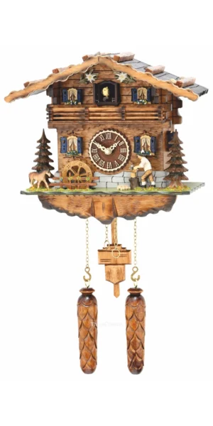 นาฬิกากุ๊กกูเยอรมัน Black Forest Germany ระบบ Quartz พร้อมเสียงดนตรี บ้านไม้สไตล์ Black Forest คนตัดไม้เคลื่อนไหว กังหันน้ำหมุนได้ รหัสสินค้า 0245