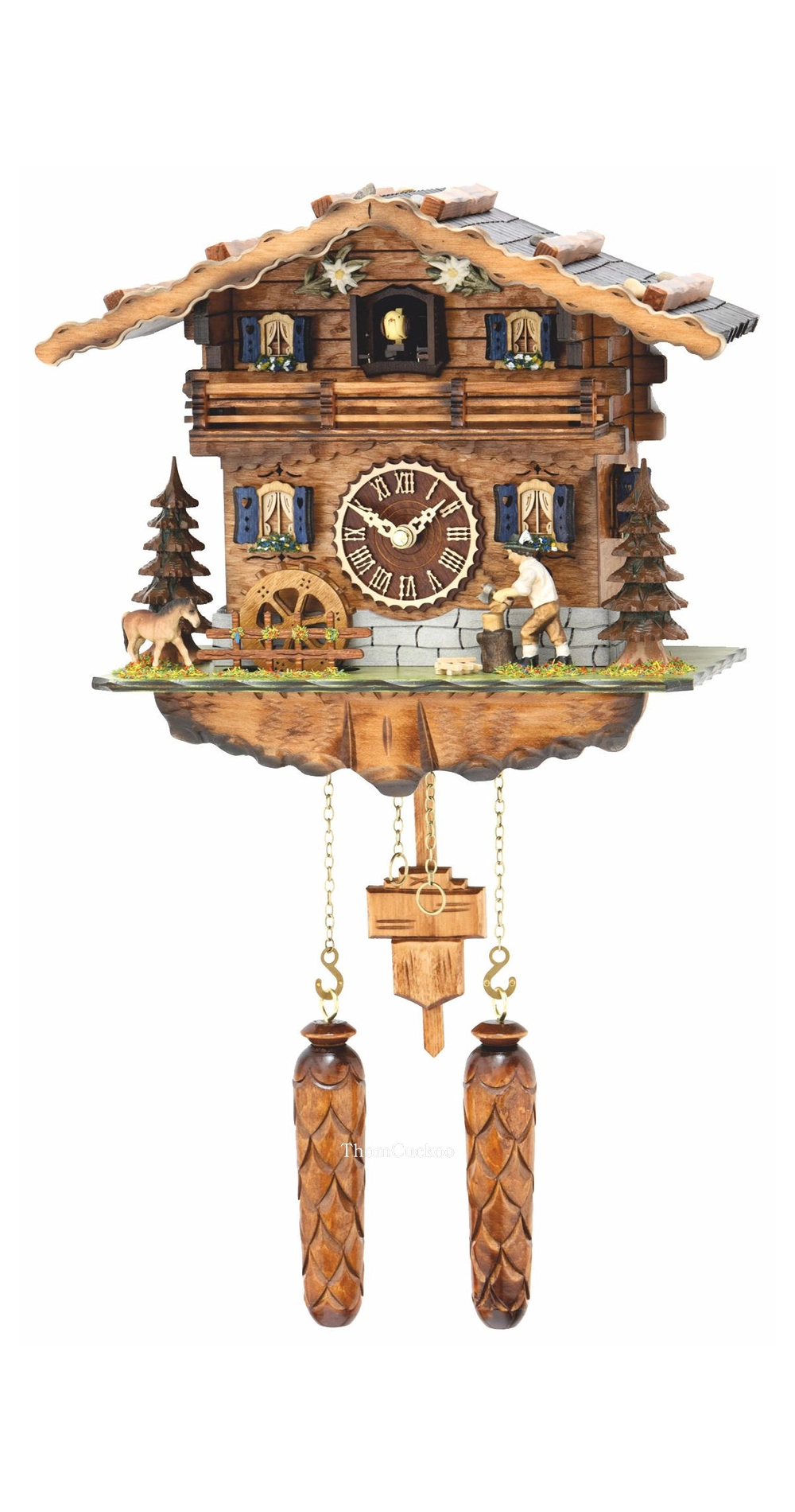 นาฬิกากุ๊กกูเยอรมัน Black Forest Germany ระบบ Quartz พร้อมเสียงดนตรี บ้านไม้สไตล์ Black Forest คนตัดไม้เคลื่อนไหว กังหันน้ำหมุนได้ รหัสสินค้า 0245