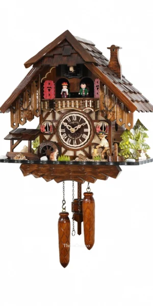 นาฬิกากุ๊กกูเยอรมัน Black Forest Germany ระบบ Quartz พร้อมเสียงดนตรี บ้านไม้สไตล์ Black Forest คนตัดไม้เคลื่อนไหว กังหันน้ำหมุนได้ รหัสสินค้า 0248