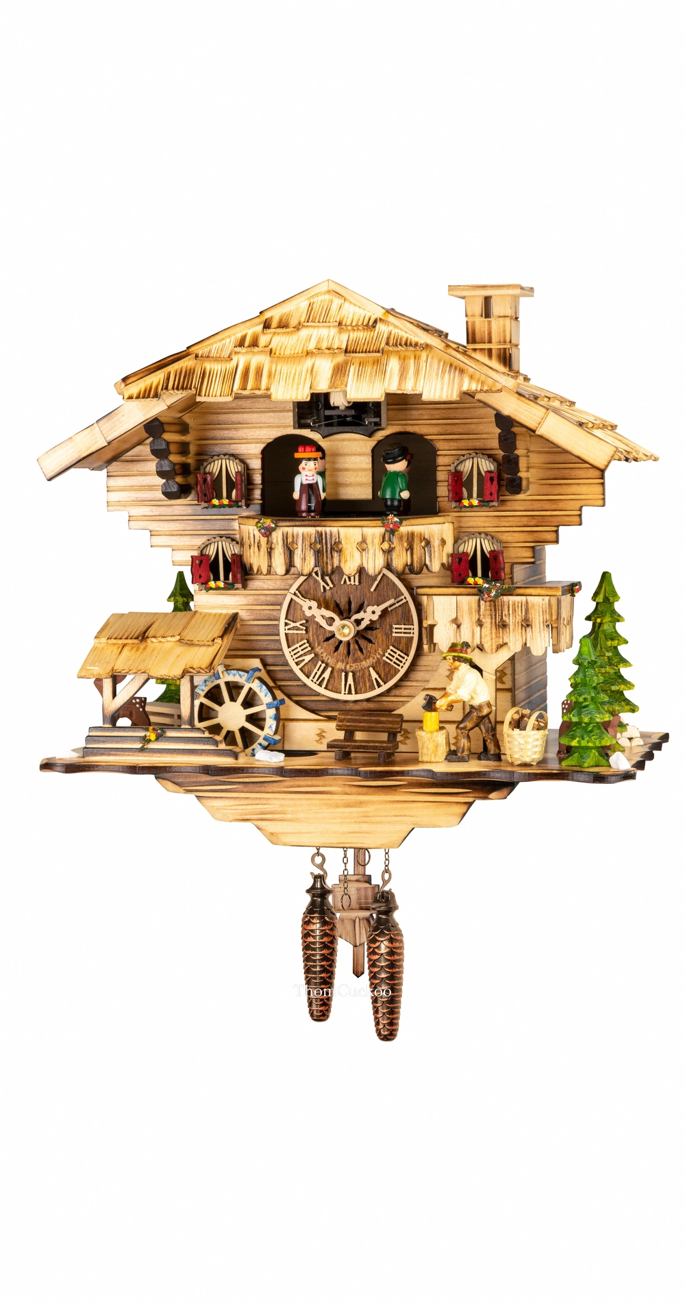 นาฬิกากุ๊กกูเยอรมัน Black Forest Germany ระบบ Quartz พร้อมเสียงดนตรี บ้านไม้สไตล์ Black Forest คนตัดไม้เคลื่อนไหว กังหันน้ำหมุนได้ รหัสสินค้า 0249