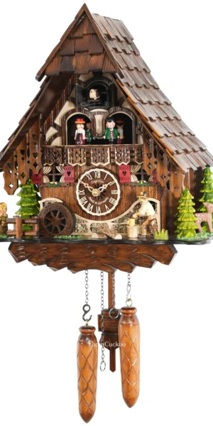 นาฬิกากุ๊กกูเยอรมัน Black Forest Germany ระบบ Quartz พร้อมเสียงดนตรี บ้านไม้สไตล์ Black Forest คนตัดไม้เคลื่อนไหว กังหันน้ำหมุนได้ รหัสสินค้า 0254