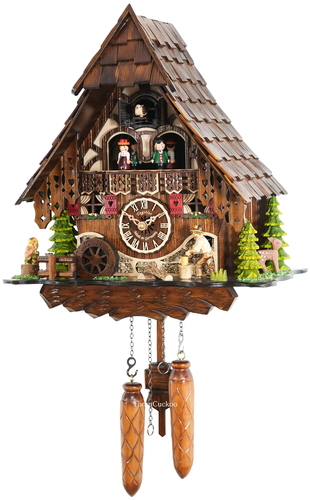 นาฬิกากุ๊กกูเยอรมัน Black Forest Germany ระบบ Quartz พร้อมเสียงดนตรี บ้านไม้สไตล์ Black Forest คนตัดไม้เคลื่อนไหว กังหันน้ำหมุนได้ รหัสสินค้า 0254