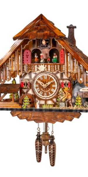 นาฬิกากุ๊กกูเยอรมัน Black Forest Germany ระบบ Quartz พร้อมเสียงดนตรี บ้านไม้สไตล์ Black Forest คนตัดไม้เคลื่อนไหว กังหันน้ำหมุนได้ รหัสสินค้า 0257