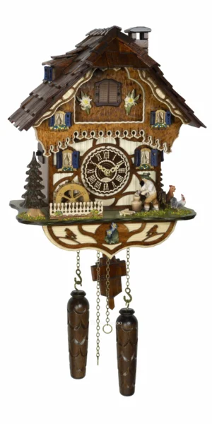 นาฬิกากุ๊กกูเยอรมัน Black Forest Germany ระบบ Quartz พร้อมเสียงดนตรี บ้านไม้สไตล์ Black Forest คนตัดไม้เคลื่อนไหว กังหันน้ำหมุนได้ รหัสสินค้า 0259