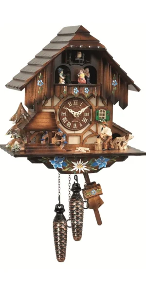 นาฬิกากุ๊กกูเยอรมัน Black Forest Germany ระบบ Quartz พร้อมเสียงดนตรี บ้านไม้สไตล์ Black Forest คนตัดไม้เคลื่อนไหว กังหันน้ำหมุนได้ รหัสสินค้า 0263