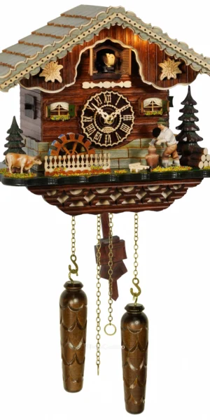 นาฬิกากุ๊กกูเยอรมัน Black Forest Germany ระบบ Quartz พร้อมเสียงดนตรี บ้านไม้สไตล์ Black Forest คนตัดไม้เคลื่อนไหว กังหันน้ำหมุนได้ มีไฟประดับ รหัสสินค้า 0268