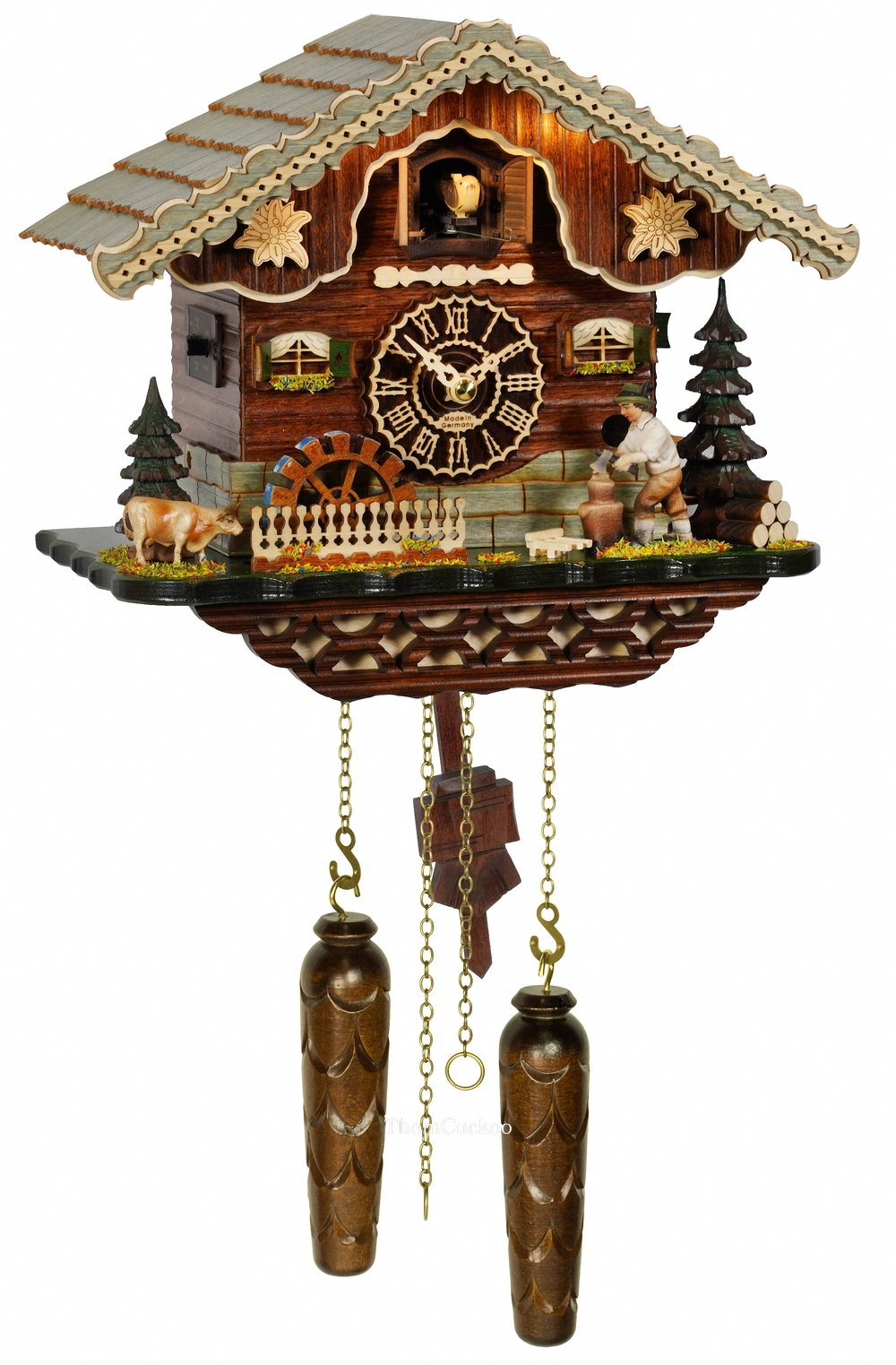 นาฬิกากุ๊กกูเยอรมัน Black Forest Germany ระบบ Quartz พร้อมเสียงดนตรี บ้านไม้สไตล์ Black Forest คนตัดไม้เคลื่อนไหว กังหันน้ำหมุนได้ มีไฟประดับ รหัสสินค้า 0268
