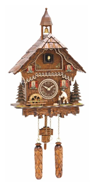 นาฬิกากุ๊กกูเยอรมัน Black Forest Germany ระบบ Quartz พร้อมเสียงดนตรี บ้านไม้สไตล์ Black Forest คนตัดไม้เคลื่อนไหว กังหันน้ำหมุนได้ รหัสสินค้า 0269