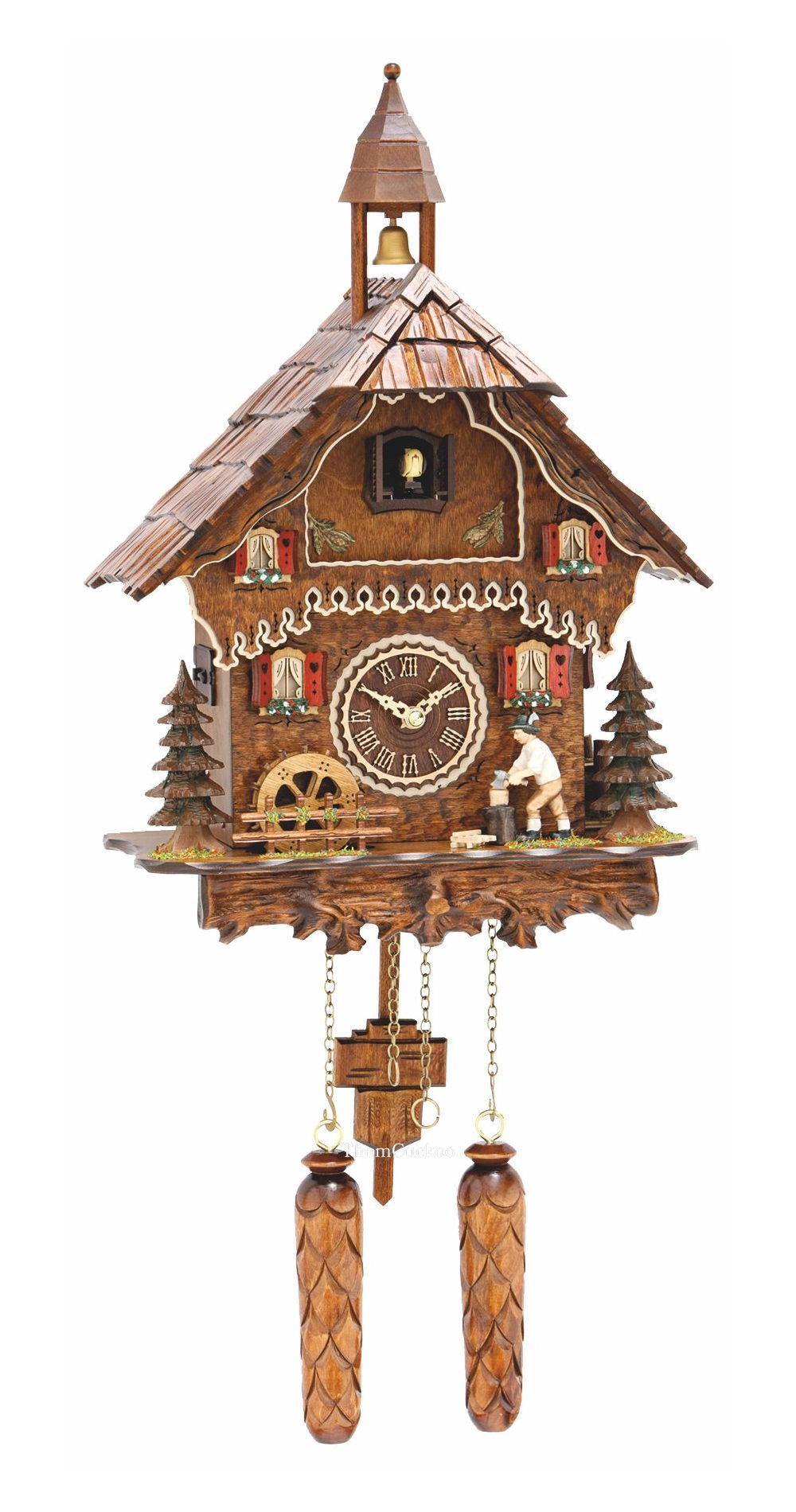 นาฬิกากุ๊กกูเยอรมัน Black Forest Germany ระบบ Quartz พร้อมเสียงดนตรี บ้านไม้สไตล์ Black Forest คนตัดไม้เคลื่อนไหว กังหันน้ำหมุนได้ รหัสสินค้า 0269