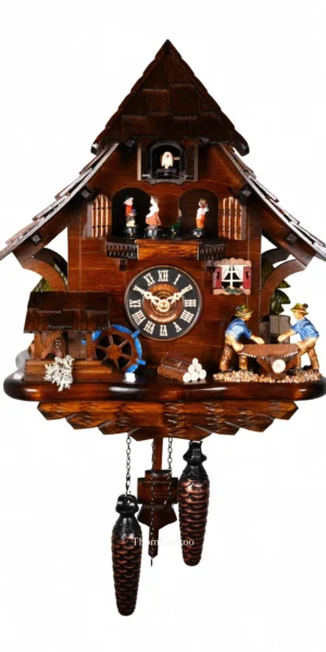 นาฬิกากุ๊กกูเยอรมัน Black Forest Germany ระบบ Quartz พร้อมเสียงดนตรี บ้านไม้สไตล์ Black Forest คนตัดไม้เคลื่อนไหว กังหันน้ำหมุนได้ รหัสสินค้า 0277