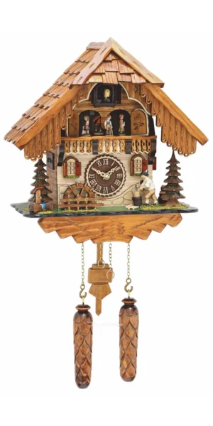 นาฬิกากุ๊กกูเยอรมัน Black Forest Germany ระบบ Quartz พร้อมเสียงดนตรี บ้านไม้สไตล์ Black Forest คนตัดไม้เคลื่อนไหว กังหันน้ำหมุนได้ รหัสสินค้า 0279