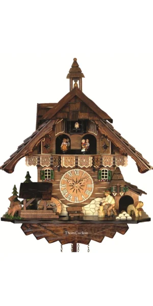 นาฬิกากุ๊กกูเยอรมัน Black Forest Germany ระบบ Quartz พร้อมเสียงดนตรี บ้านไม้สไตล์ Black Forest คนตัดไม้เคลื่อนไหว กังหันน้ำหมุนได้ รหัสสินค้า 0281