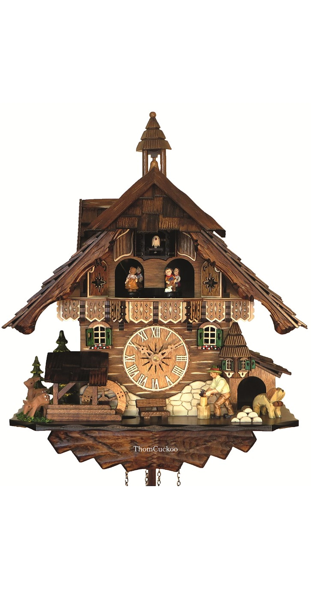 นาฬิกากุ๊กกูเยอรมัน Black Forest Germany ระบบ Quartz พร้อมเสียงดนตรี บ้านไม้สไตล์ Black Forest คนตัดไม้เคลื่อนไหว กังหันน้ำหมุนได้ รหัสสินค้า 0281