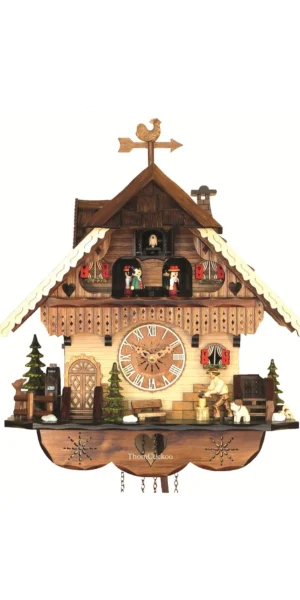นาฬิกากุ๊กกูเยอรมัน Black Forest Germany ระบบ Quartz พร้อมเสียงดนตรี บ้านไม้สไตล์ Black Forest คนตัดไม้เคลื่อนไหว กังหันน้ำหมุนได้ รหัสสินค้า 0283