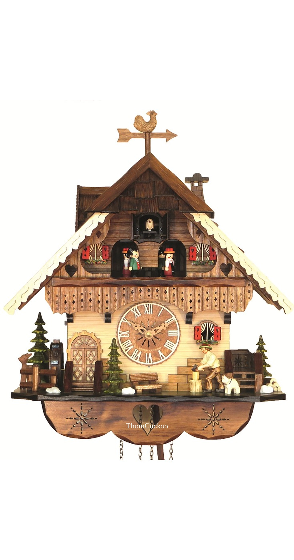 นาฬิกากุ๊กกูเยอรมัน Black Forest Germany ระบบ Quartz พร้อมเสียงดนตรี บ้านไม้สไตล์ Black Forest คนตัดไม้เคลื่อนไหว กังหันน้ำหมุนได้ รหัสสินค้า 0283