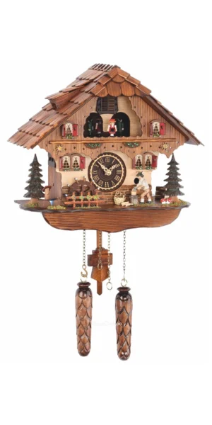 นาฬิกากุ๊กกูเยอรมัน Black Forest Germany ระบบ Quartz พร้อมเสียงดนตรี บ้านไม้สไตล์ Black Forest คนตัดไม้เคลื่อนไหว กังหันน้ำหมุนได้ รหัสสินค้า 0284